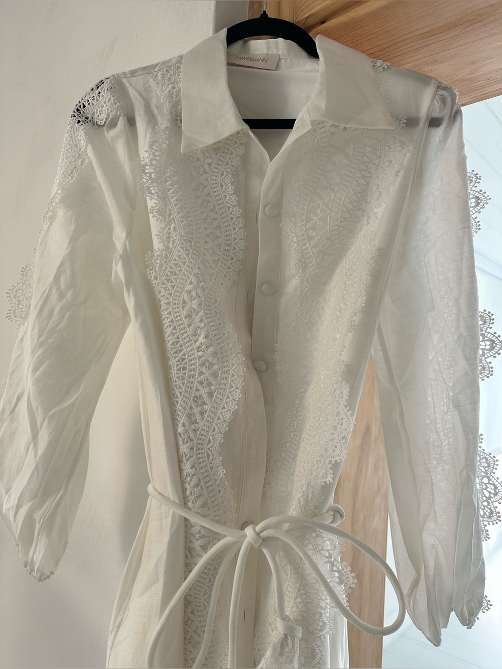 White Lace-Trim Long Button-Down Dress - Picture 6 of 10